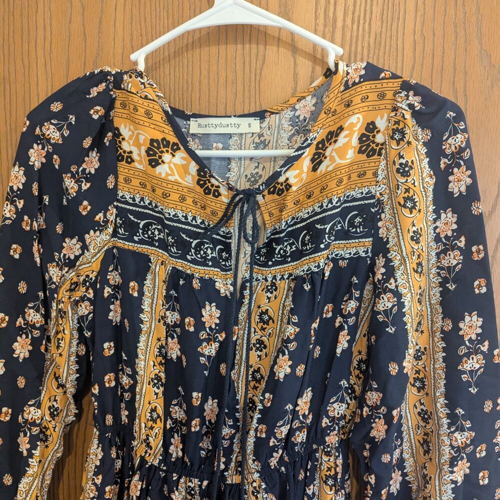 RusttyDustty Floral Maxi Boho‎ Long Sleeve Tie Collar Dress-Small - Picture 2 of 6